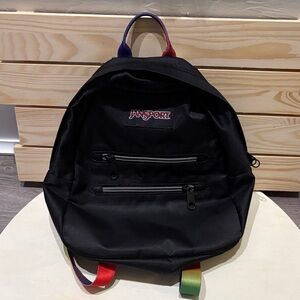 JanSport Black Backpack Purse with Rainbow Accents